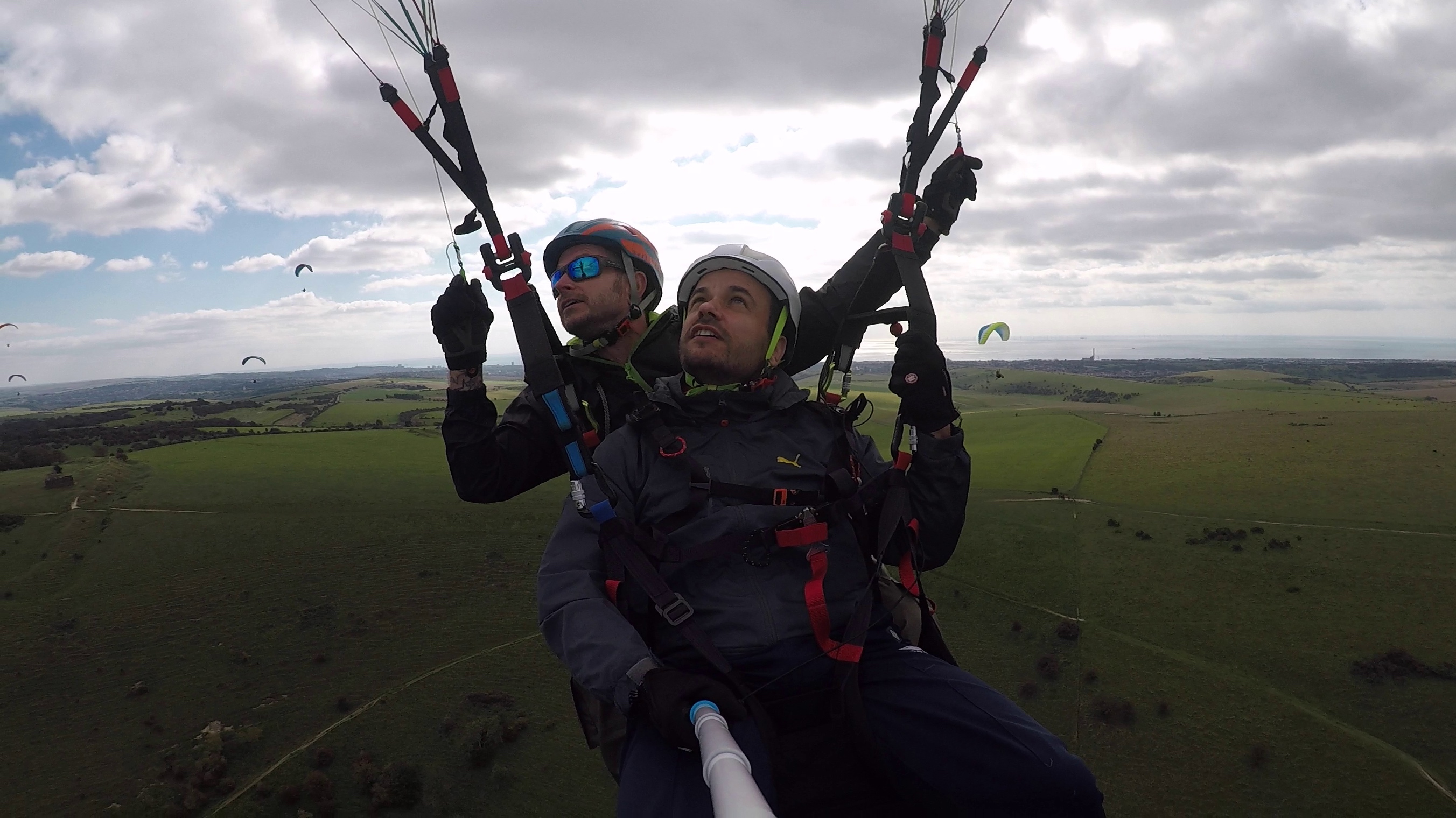 Flying the South Downs in Sussex with views of the English Channel from Devils Dyke