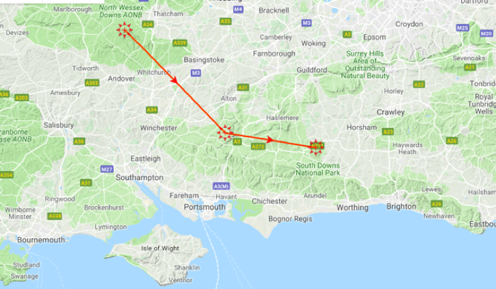 Paragliding flight from Combe Gibbet to Devils Dyke in Sussex